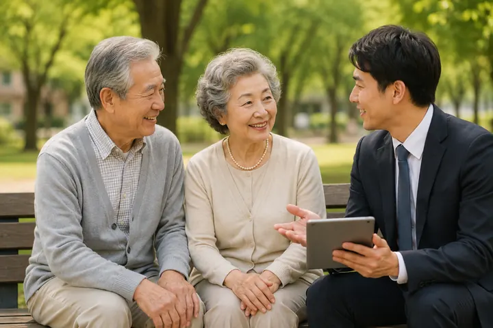 공원 벤치에서 노부부에게 태블릿으로 설명하는 상담사